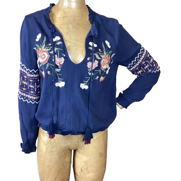 AE/American Eagle BOHO Embroidered Tie Neck Top Long Sleeve S Navy Blue #311J - Picture 3 of 12